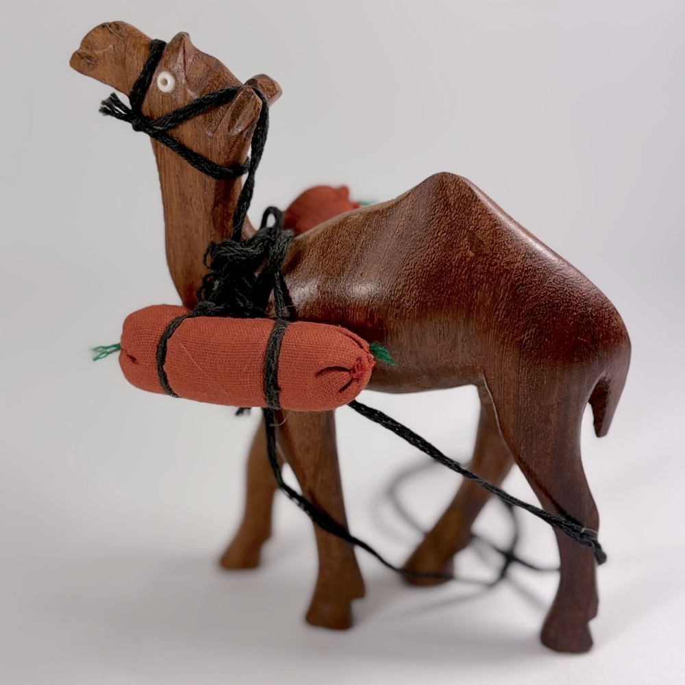 Camel Wood Figurine Standing Carrying Two Cloth Packs on Back